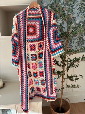 NWOT Crochet Grandma Square Multicolor Cardigan-size S-M